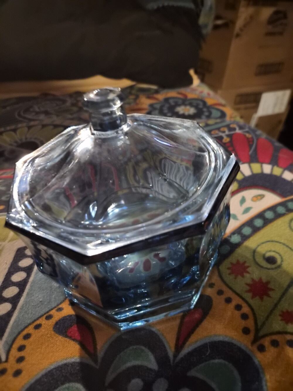 Vintage Indiana Glass Concord Blue Octagon Paneled Lidded Candy Dish Excellent